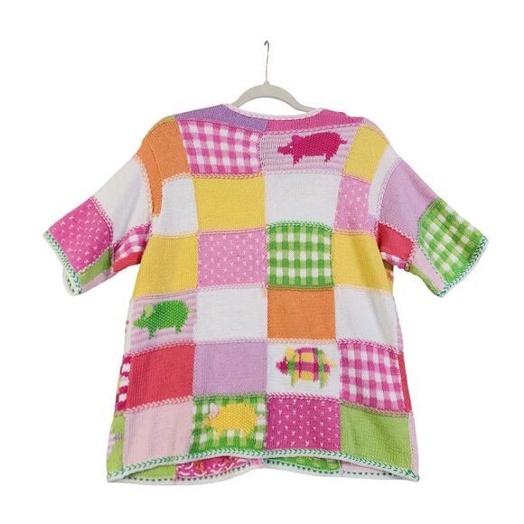 Susan Bristol Womens Vintage Patchwork Pig Knit Cardigan Size Large Pink Farm - Picture 4 of 11